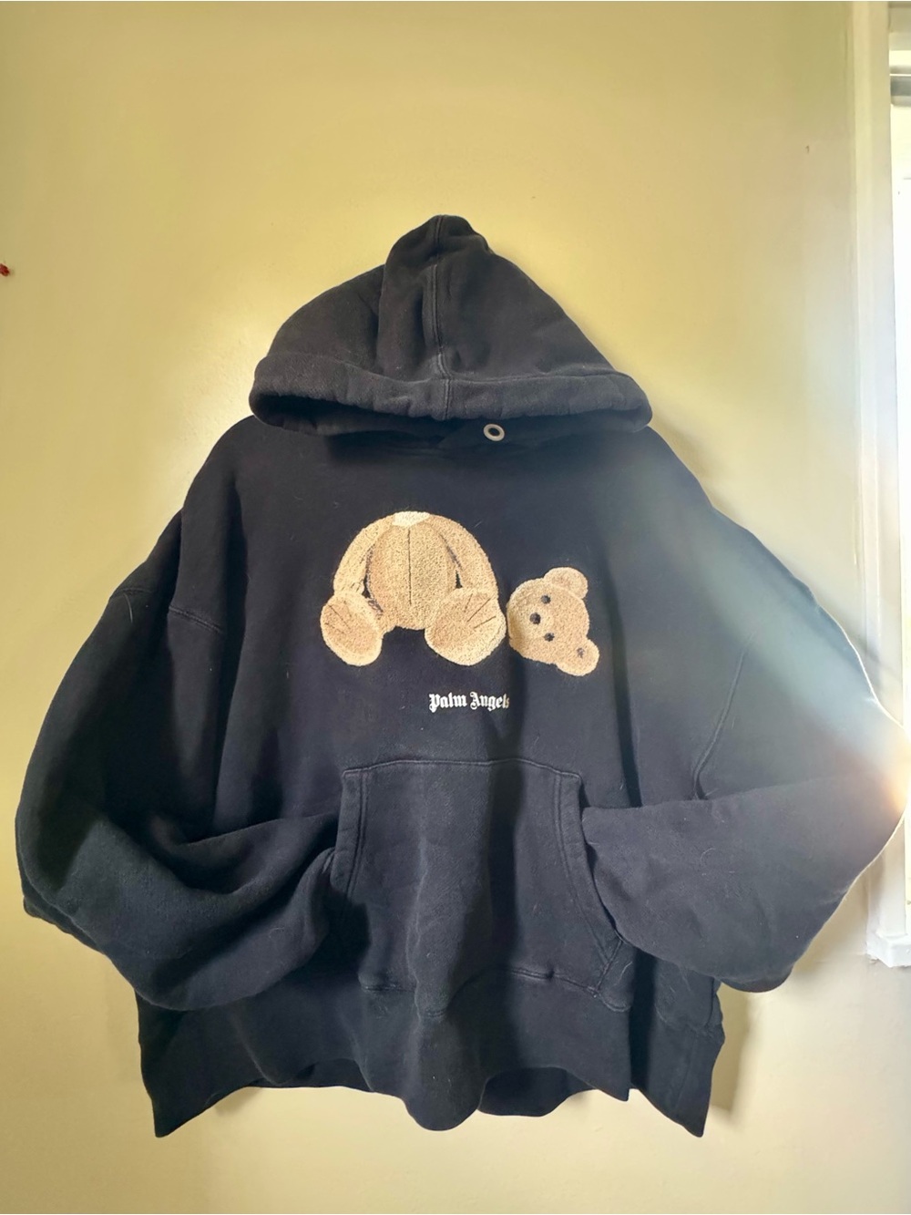 Palm Angels Black Hoodie with Beige Teddy Patch